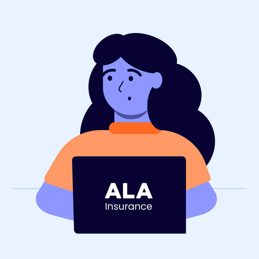 Cartoon woman holding an ALA Insurance banner